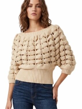 Avec Sz S Cream Open Knit Sweater Chunky Braided Weave Relaxed Fit Layering Top